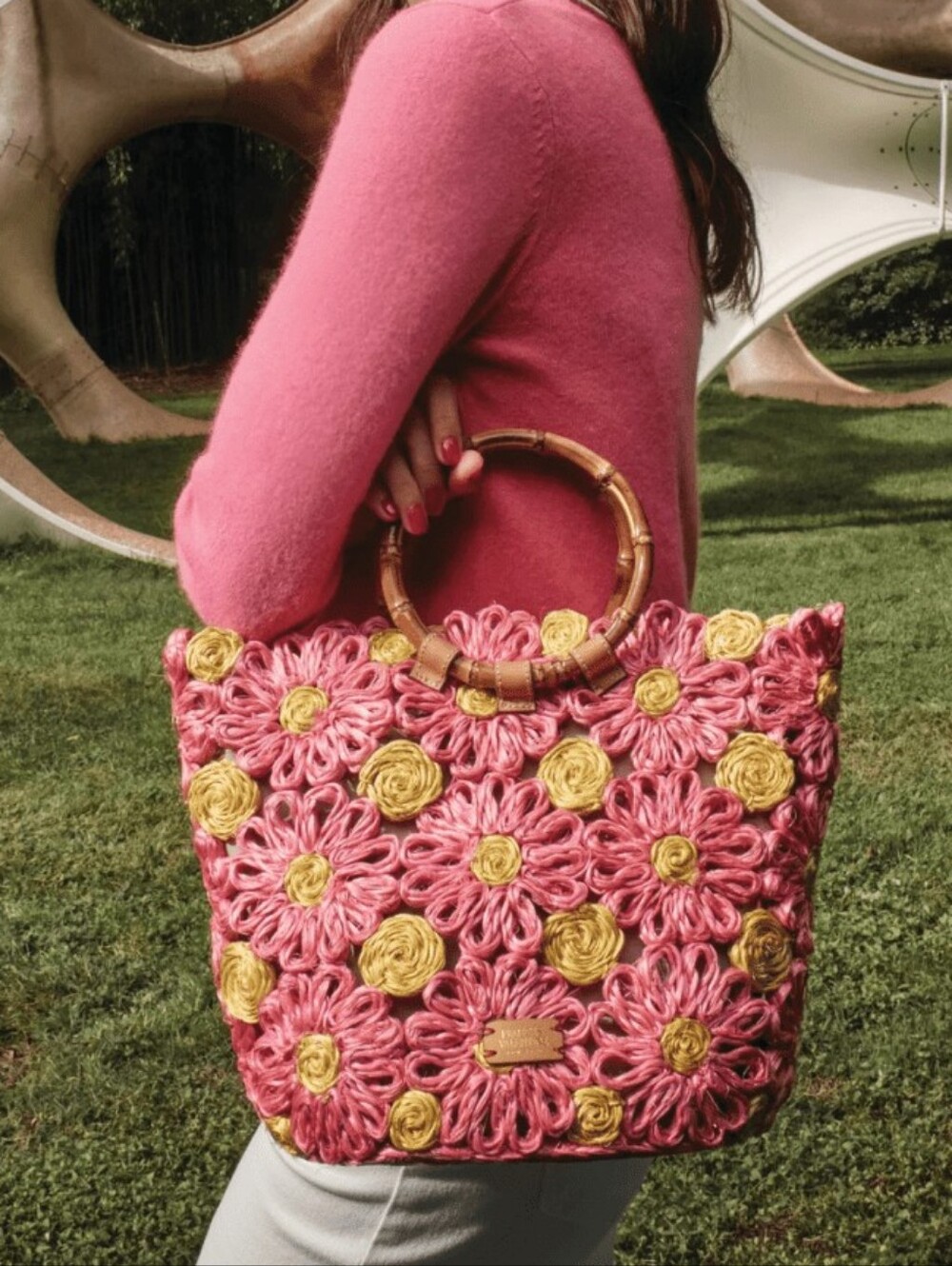 Frances Valentine Flora Raffia Tote Bag Pink Yellow Bamboo Handle NWT - Picture 2 of 11